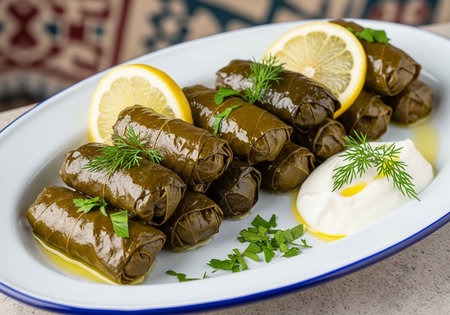 A plate of stuffed grape leaves, garnished with lemon wedges and fresh dill, served with a side of...