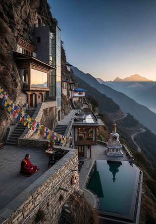 A serene cliffside monastery with prayer flags, a meditating monk, and a reflective pool, set against a mountainous backdrop at sunset.の写真素材