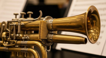 Detailed view of a polished brass saxophone with visible keys and mouthpiece, placed near sheet music.の写真素材
