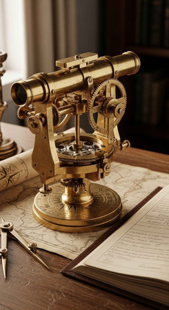 Detailed brass theodolite with intricate gears on an old map, with tools and scrolls on a wooden table.の写真素材