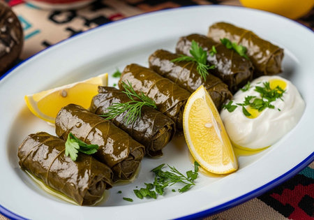 A plate of stuffed grape leaves, garnished with parsley, served with yogurt and lemon wedges.