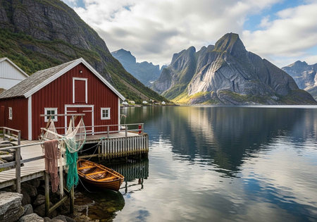 A red wooden cabin by a serene fjord, with a small boat and fishing nets, mountains in the...