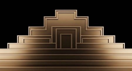 A stylized, symmetrical building facade with a gold, stepped design against a black background.の写真素材