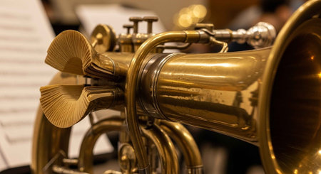 Detailed view of a golden musical instrument, showing keys and mouthpiece.