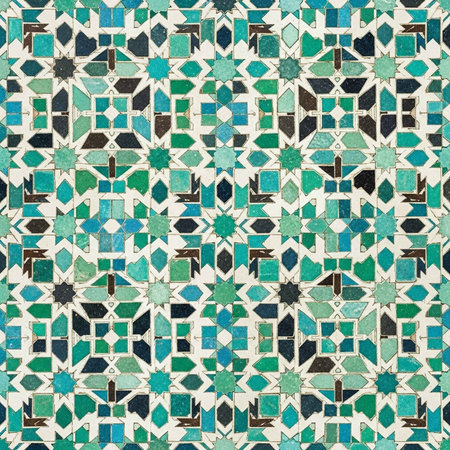 Detailed close-up of a repeating geometric tile pattern in teal, black, and white with intricate...