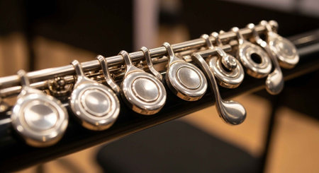 Detailed view of a silver flute's keys and mechanism against a wooden surface.の写真素材