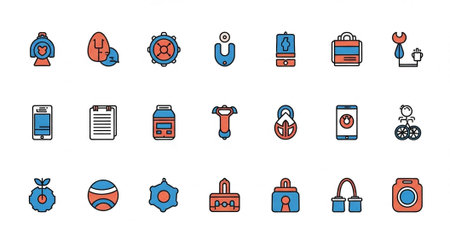 A collection of flat design icons featuring tools, household items, and technology in blue and red.の写真素材