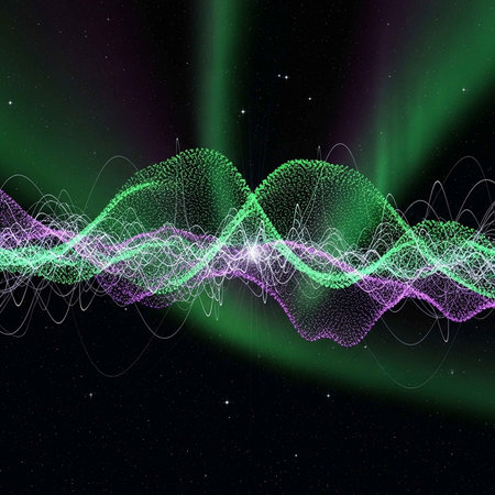 Abstract digital art featuring neon green and purple wave patterns against a dark background with...