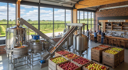 Bright cidery with large windows, stainless steel brewing equipment, and crates of apples.の写真素材