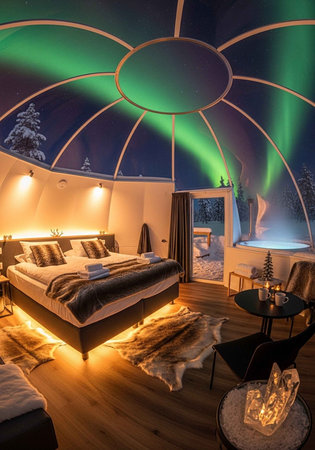 Cozy igloo room featuring a large bed, warm lighting, and a hot tub under the Northern Lights.