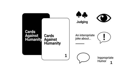 Black and white game cards with text and icons for humor and judging.