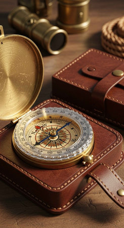 An open vintage brass compass in a brown leather case, with binoculars and a rope in the background.