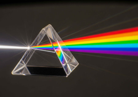 Clear triangular prism refracting white light into a vibrant rainbow spectrum against a dark...