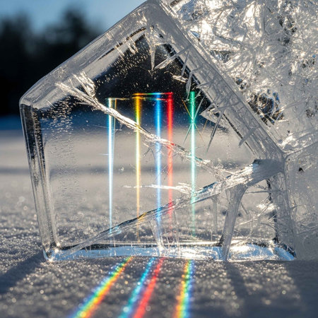 Close-up of an ice crystal refracting light into a rainbow on a snowy surface.