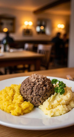 A plate of food featuring a meatball, mashed potatoes, and garnish in a cozy restaurant setting.の写真素材
