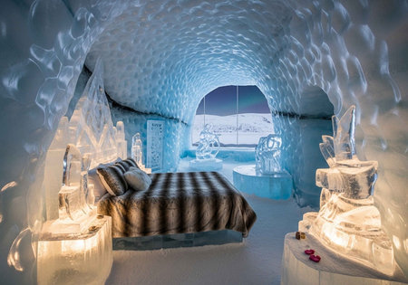 Elegant ice hotel room featuring a bed with striped bedding, ice sculptures, and a view of a frozen...