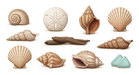 A collection of various seashells and a sand dollar in a minimalist, watercolor style.