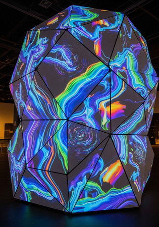 A large, geometric sculpture featuring vivid, swirling color patterns in blue, purple, green, and...