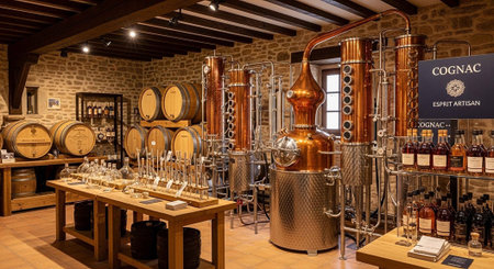 A rustic cognac distillery featuring copper stills, wooden barrels, and bottles of cognac on...