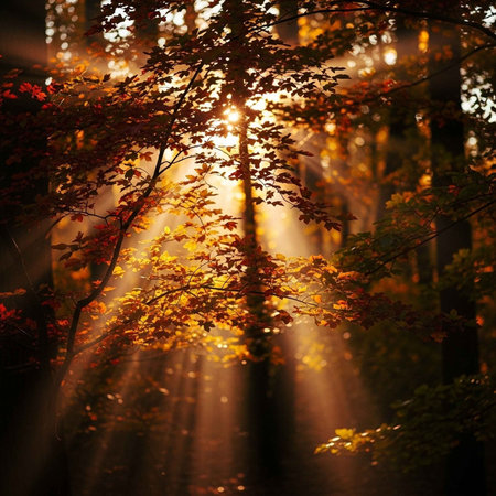 Golden rays of sunlight filtering through autumn trees in a serene forest, creating a warm, tranquil atmosphere.の写真素材