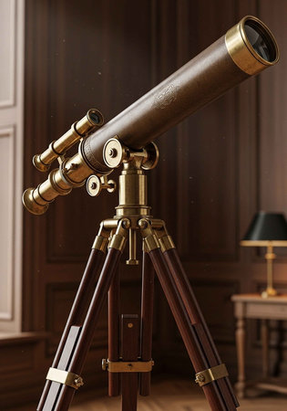 Vintage brass telescope with wooden tripod in a classic room setting.