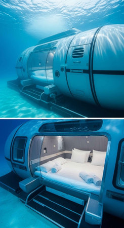 Modern underwater hotel room with a bed facing a large window, showcasing the ocean.