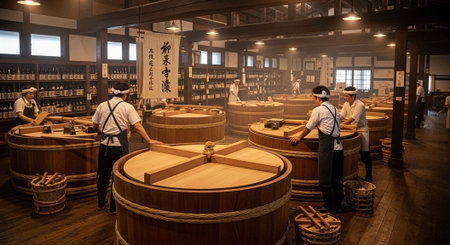 Workers in traditional attire tending to large wooden sake vats in a spacious, well-lit brewery.