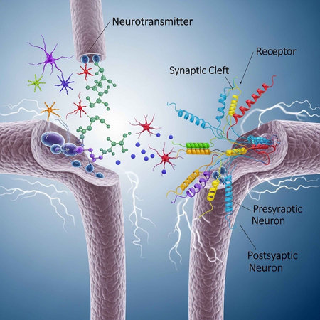 Medical illustration of a synapse showing presynaptic and postsynaptic neurons, neurotransmitters,...