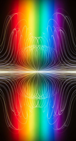 A colorful, symmetrical light art piece featuring a rainbow spectrum and intricate white lines.の写真素材