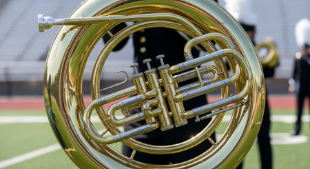 Detailed view of a polished gold French horn, with blurred players in the background.