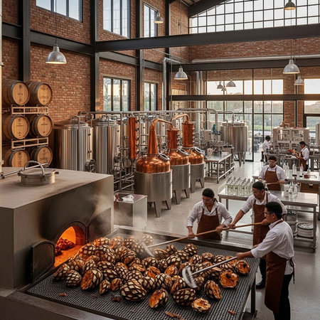 Workers in aprons baking large batches of pretzels in a spacious, industrial bakery with copper...