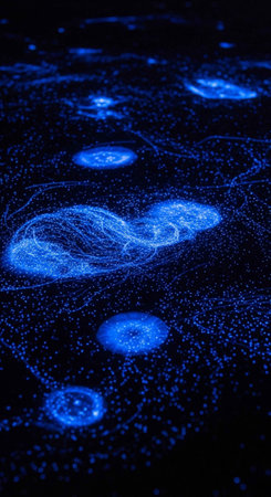 Close-up of glowing jellyfish with tentacles in dark blue ocean water.