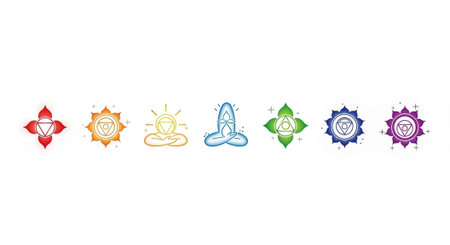 Seven chakra symbols in a row, each with distinct colors and intricate designs.