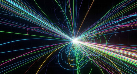 Dynamic, colorful light trails emanating from a bright center against a dark background.
