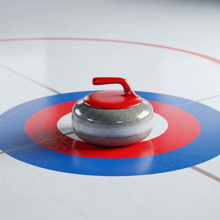 A close-up of a gray curling stone with a red handle resting on a blue and red circular target on...