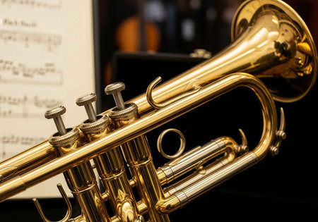 A detailed view of a shiny brass trumpet with sheet music in the background.