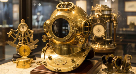 A vintage gold diving helmet with brass fittings displayed with antique nautical instruments in a...