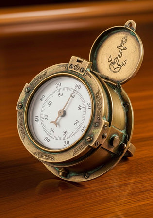 Vintage brass pocket barometer with anchor emblem, open lid, and pressure gauge on wooden table.の写真素材