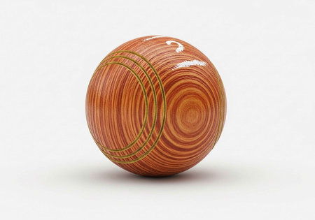A spherical wooden object featuring concentric spiral patterns and a smooth, polished finish.