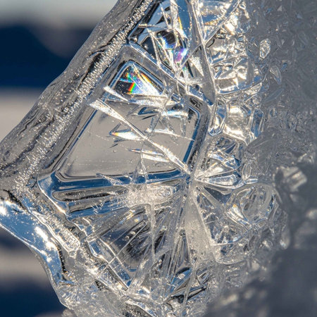 Detailed view of a frozen ice crystal with sharp edges and reflective surfaces.