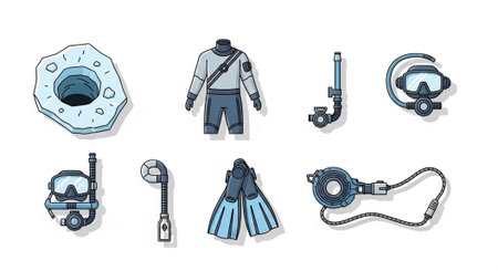 A collection of scuba diving equipment including a wetsuit, mask, fins, and accessories in a blue...