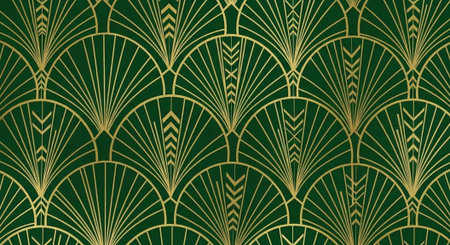 Repeating fan-shaped pattern in dark green with gold accents, creating an elegant and vintage...