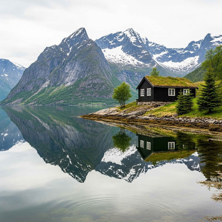 A tranquil black cabin with a green roof reflects in a calm lake, surrounded by lush greenery and towering snow-capped mountains.の写真素材
