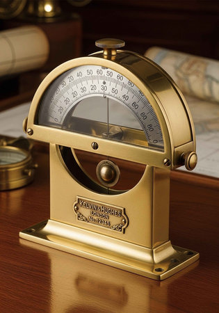 Antique brass mechanical dial scale with a circular gauge, placed on a wooden surface with a map and...