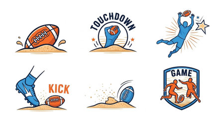 Vibrant cartoon football scenes showing touchdown, kick, and tackle actions.