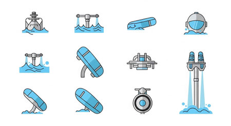 Collection of jet ski and watercraft icons in blue and white, showing various angles and actions.の写真素材