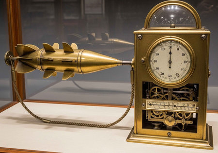 Antique brass torpedo clock with visible inner workings on display