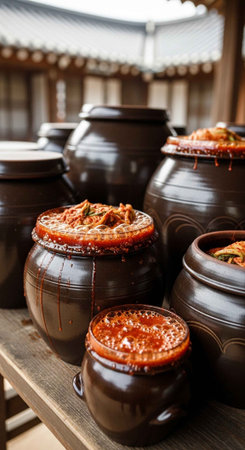 Several dark brown clay pots with lids containing food, displayed on a wooden shelf in a rustic kitchen setting.の写真素材
