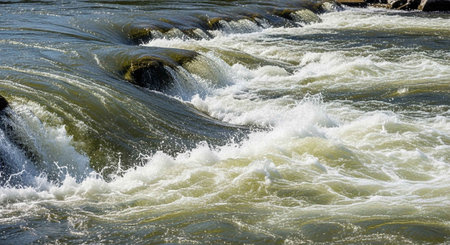 Close-up view of turbulent water flowing over rocks in a river, creating dynamic waves and white...