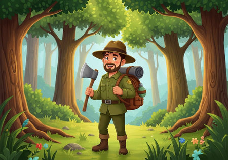 A cheerful hiker in a green uniform stands in a vibrant forest, holding an axe and wearing a...